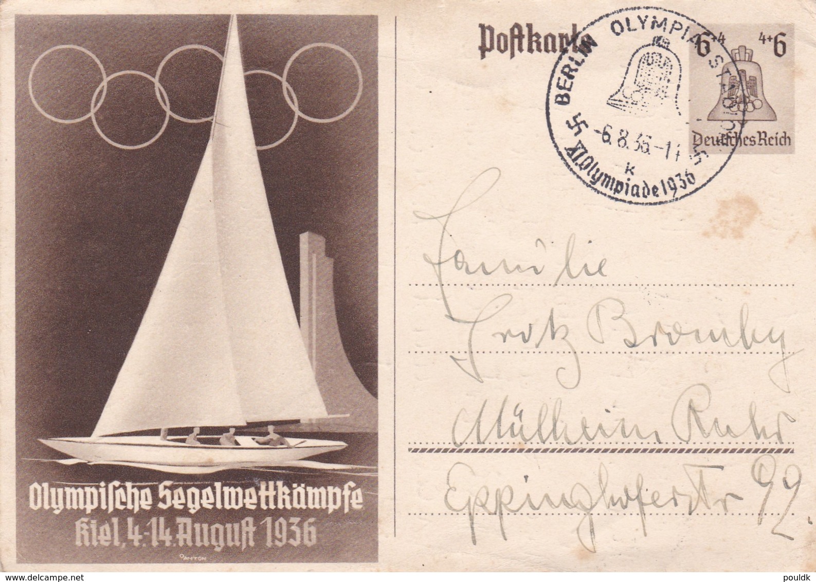 Third Reich Postal Stationary 1936 Olympic Games - Sailing In Kiel P/m Berlin Olympiade Stadt 1936  (G99-19) - Sommer 1936: Berlin