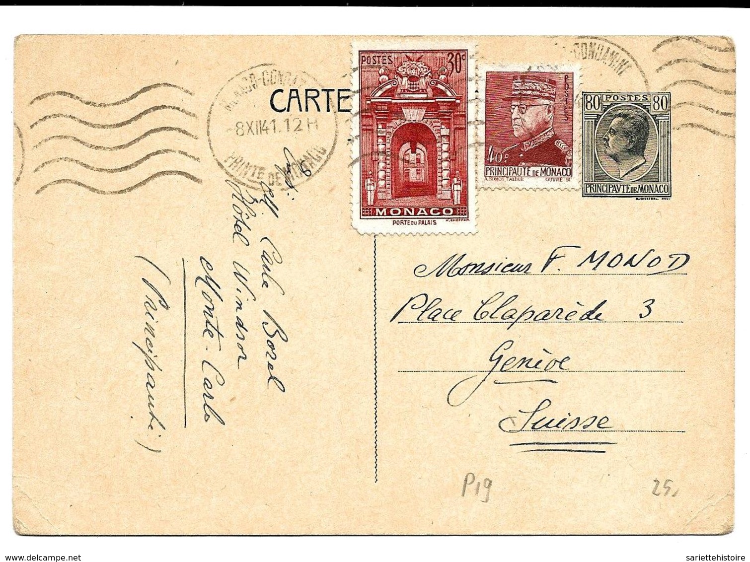 EP Louis II Storch & Fr. G 1 + TP Yv.171A-225 MONACO 8.XI.41 Vers GENEVE. TB - Entiers Postaux