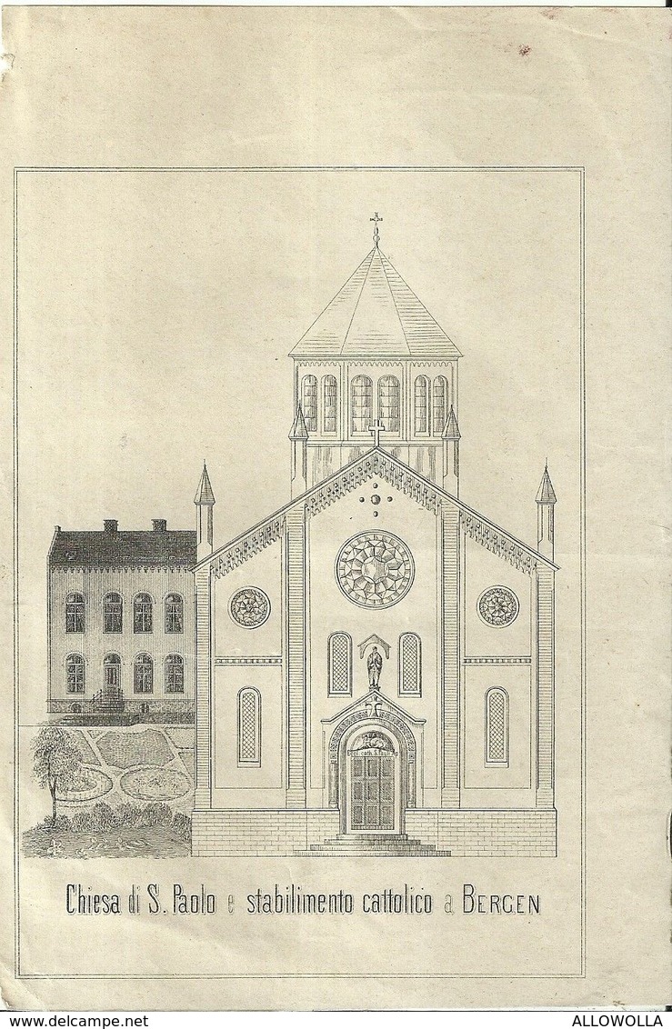 2296 " CHIESA DI S. PAOLO E STABILIMENTO CATTOLICO A BERGEN " STAMPA ORIG.RITAGLIATA DA LIBRO ANTICO - Prenten & Gravure