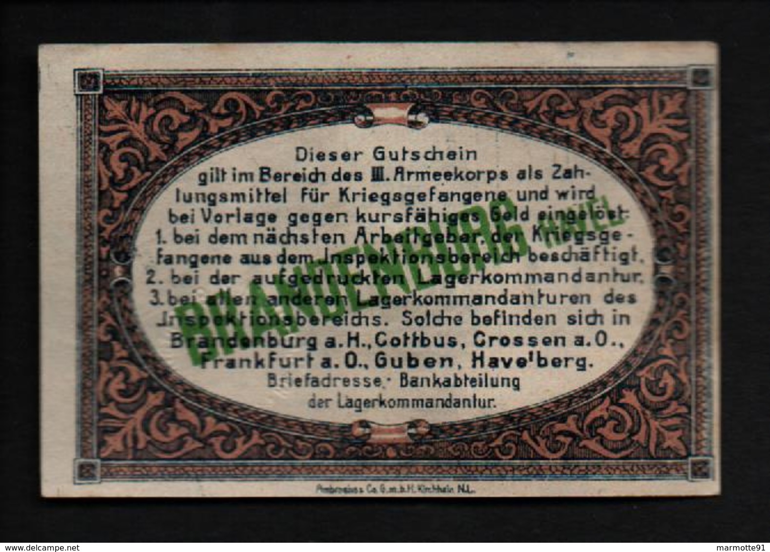 GEFANGENENLAGER GELD LAGERGELD BILLET CAMP BRANDENBURG PRISONNIER ALLEMAGNE KG POW GUERRE 1914 1918 - Sonstige & Ohne Zuordnung