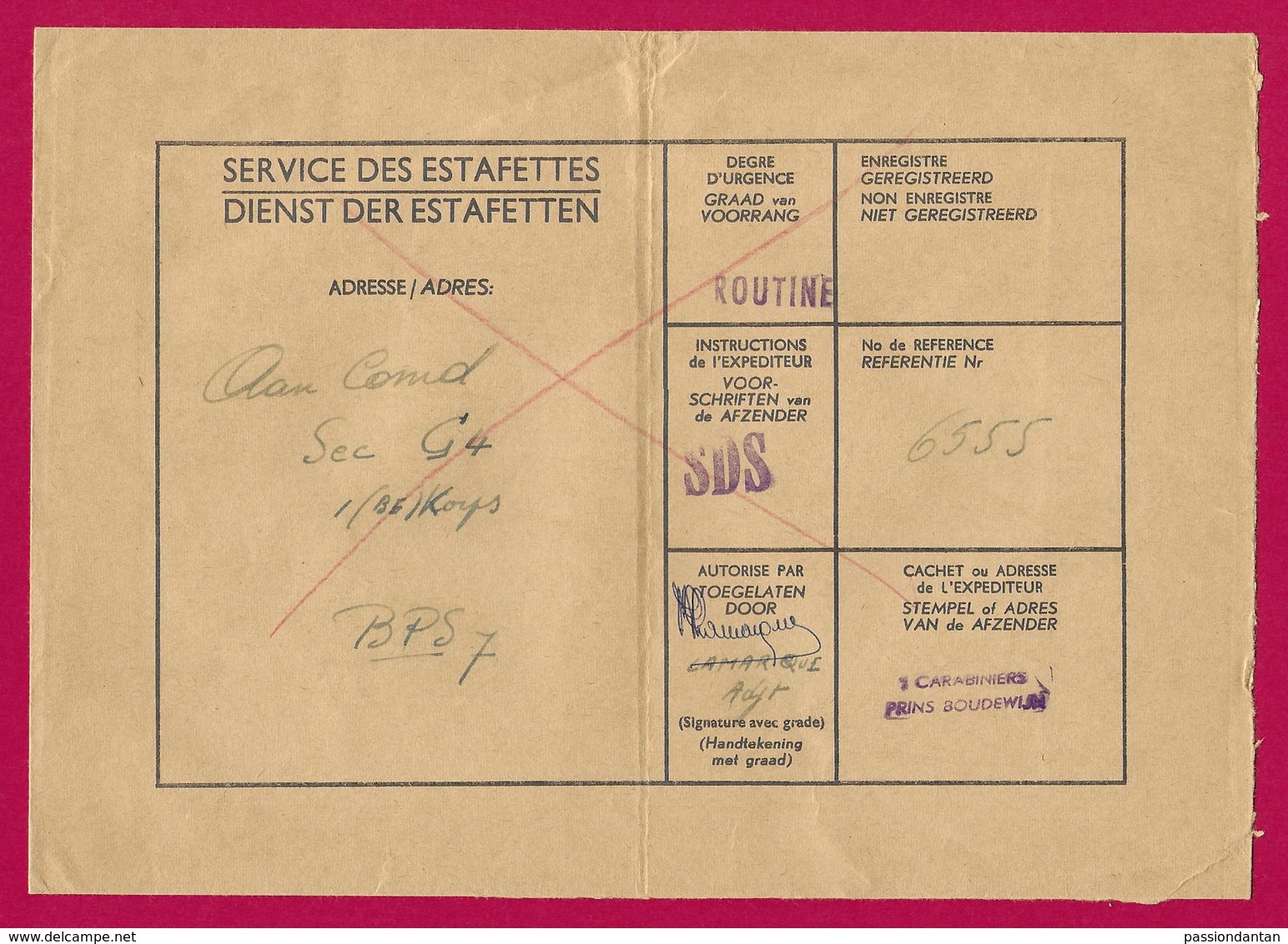 Enveloppe Du Service Des Estafettes Belges Datée De 1965 - Expédiée Du 1er Carabiniers Prins Boudewijn - Armeestempel
