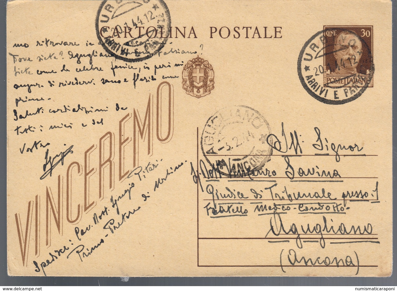 Cartolina Postale Vinceremo Viaggiata 1944 C.2082 - Altri & Non Classificati