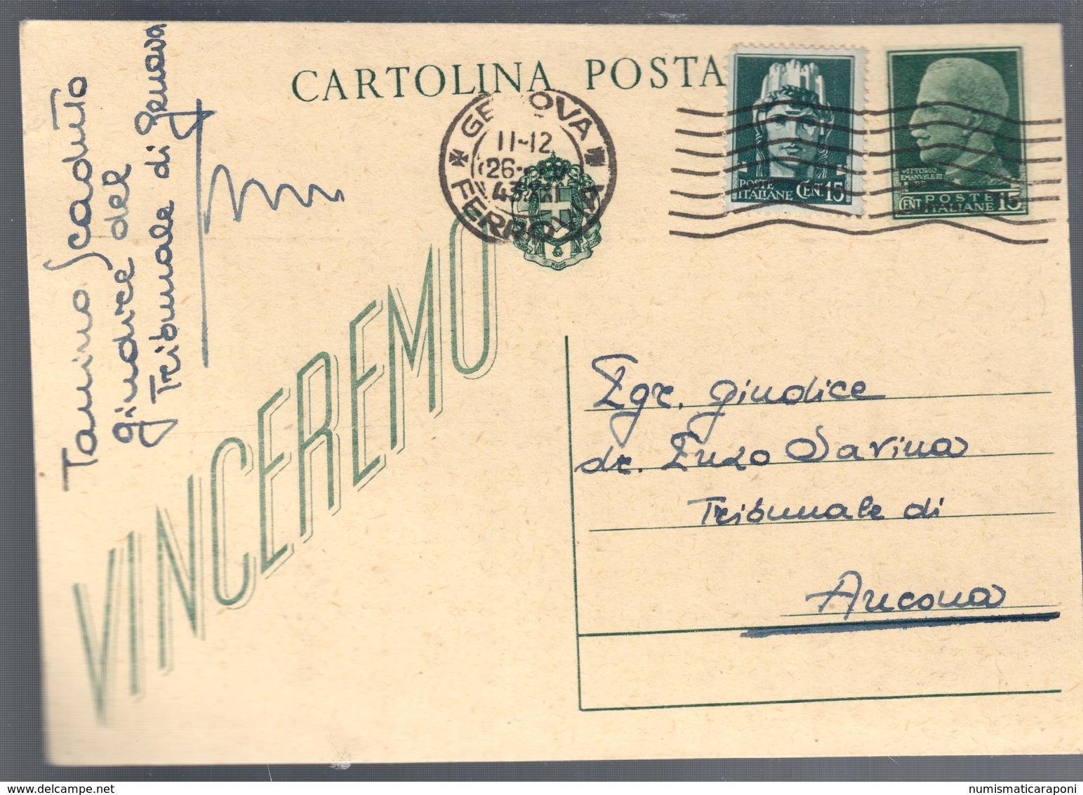 Cartolina Postale Vinceremo Viaggiata 1943 C.2083 - Altri & Non Classificati