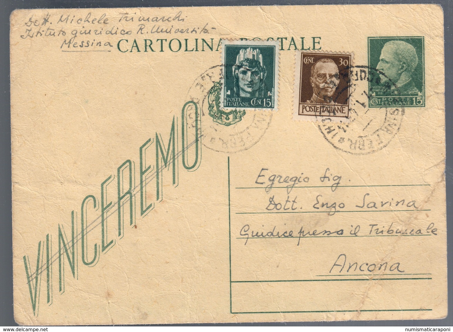 Cartolina Postale Vinceremo Cancellato Viaggiata 1945 Cattiva Conservazione C.2084 - Altri & Non Classificati