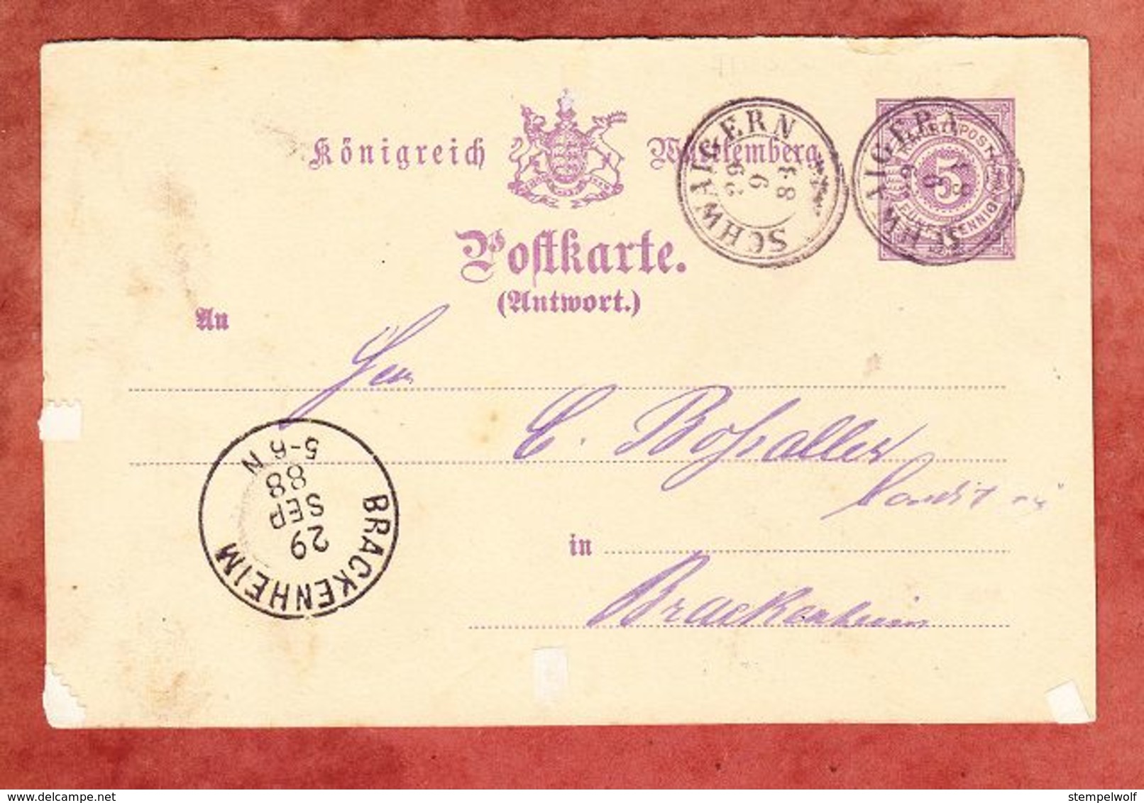 P 27 II Ziffer Antwortteil, Schwaigern Nach Brackenheim 1888 (69205) - Other & Unclassified