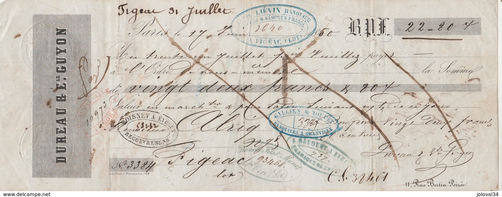 Lettre Change  17/6/1850 DUREAU & GUYON Paris - Alriq Figeac Lot - - Lettres De Change