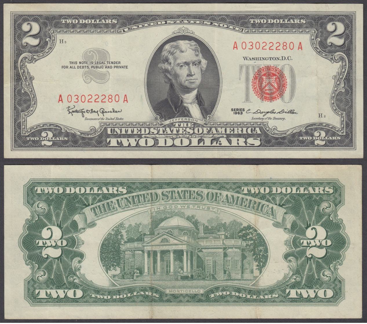 USA 2 Dollars 1963 Red Seal (VF+) Condition Banknote - United States Notes (1928-1953)