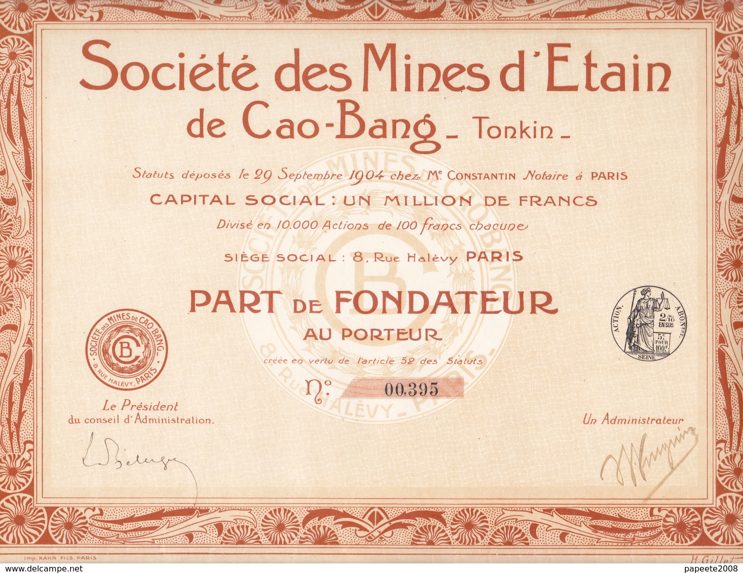 Indochine - Société Des Mines D'étain De Cao-Bang (Tonkin) - Part De Fondateur / 1904 - Asia