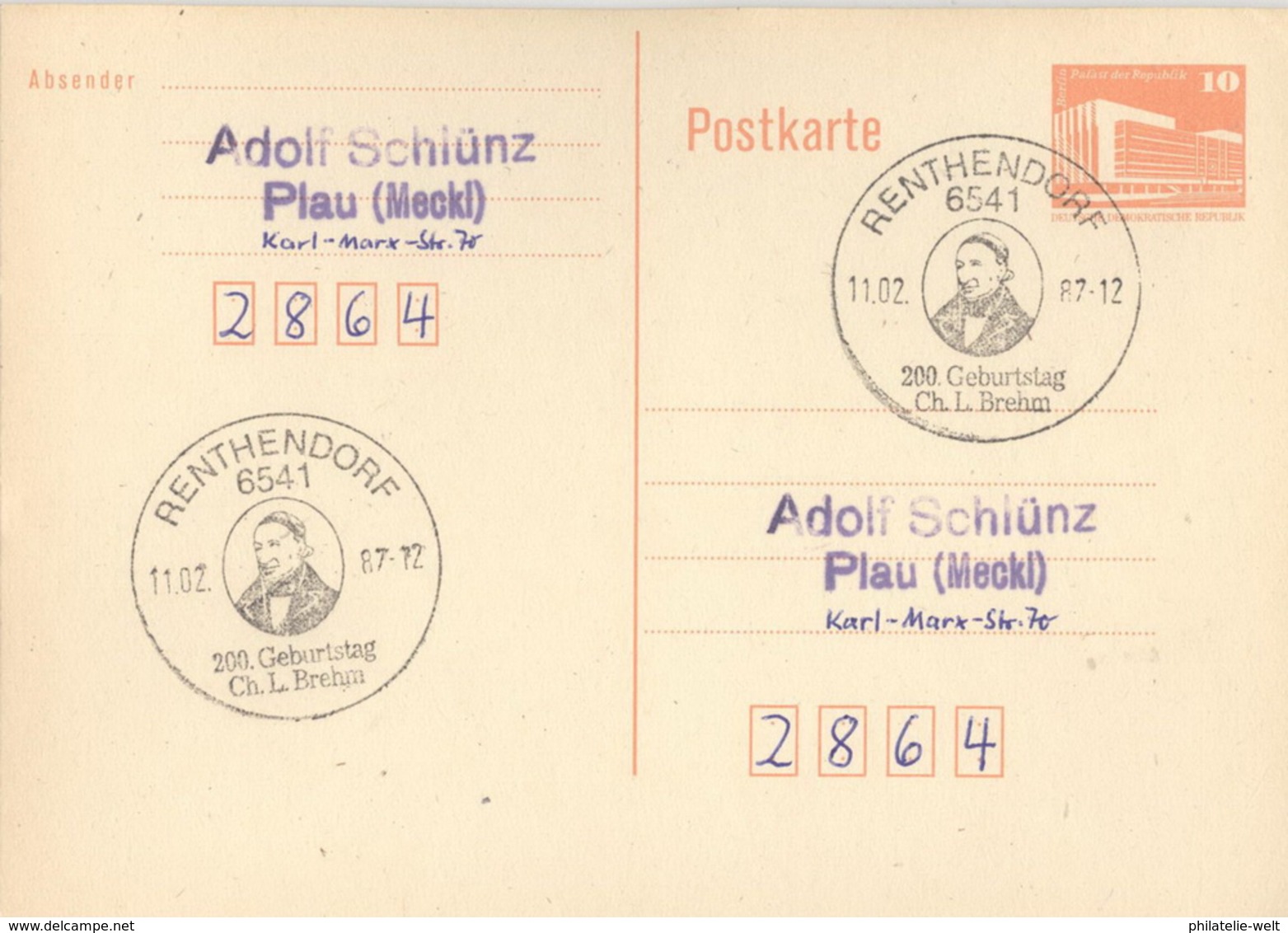 DDR Ganzsache Mit Sonderstempel Renthendorf 200. Geburtstag Brems 1987 - Franking Machines (EMA)