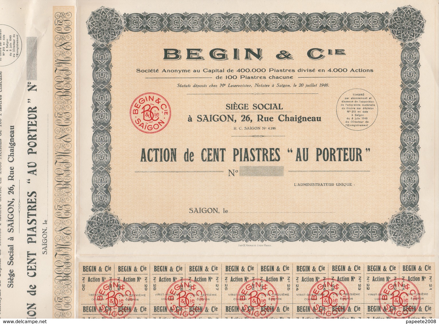 Indochine - Begin Et Cie - Action De 100 Piastres / 1949 / Blanquette - Azië
