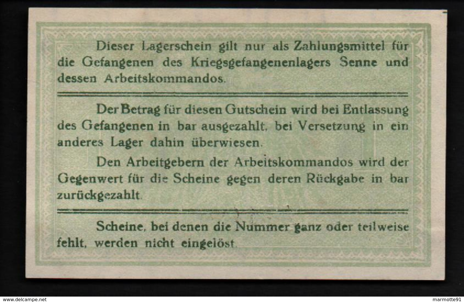 GEFANGENENLAGER GELD LAGERGELD BILLET CAMP SENNE PRISONNIER ALLEMAGNE KG POW GUERRE 1914 1918 - Andere & Zonder Classificatie