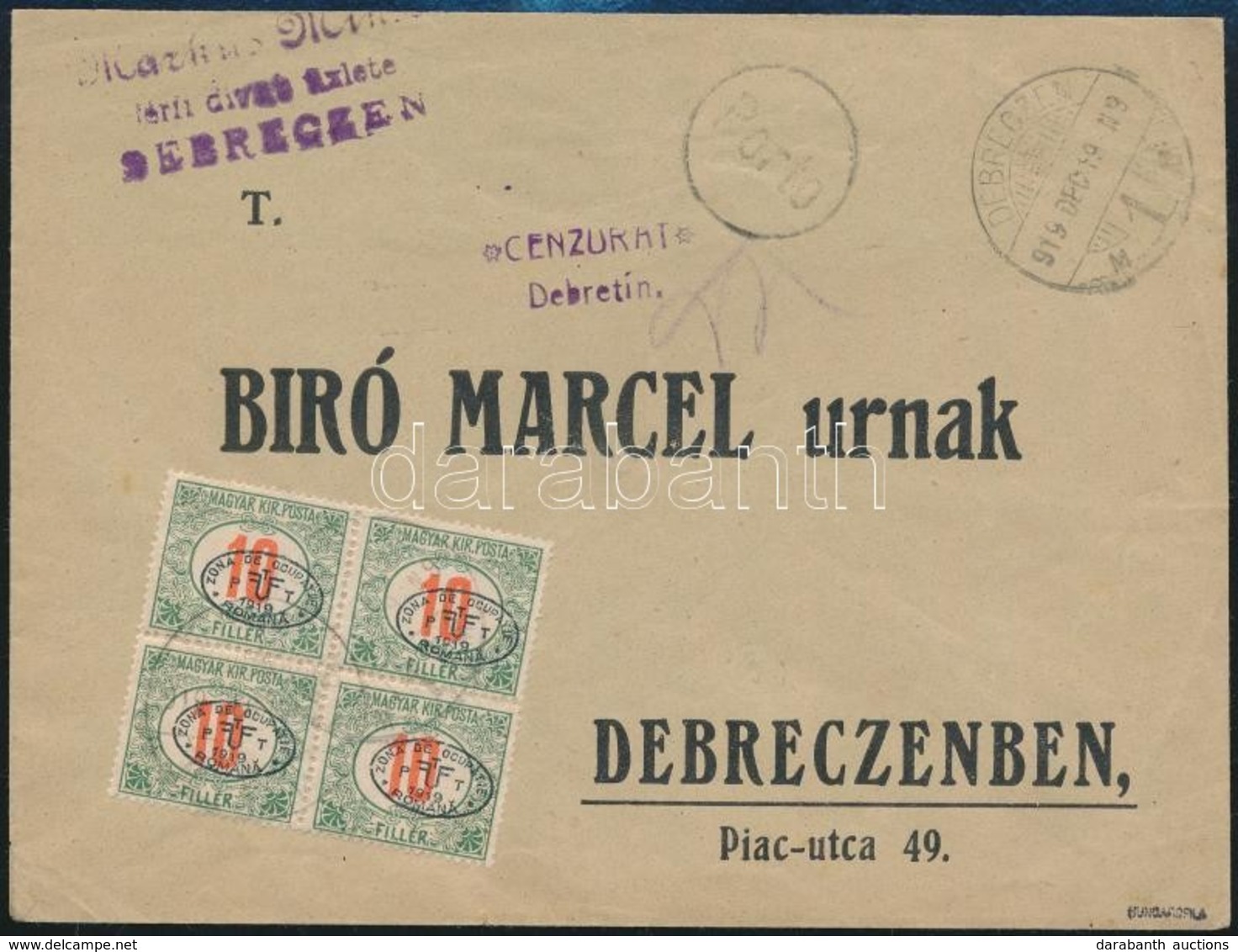 1919 Debrecen 4 X 10f Portózott Levél Cenzúrázva, Bíró Marcelnek - Andere & Zonder Classificatie