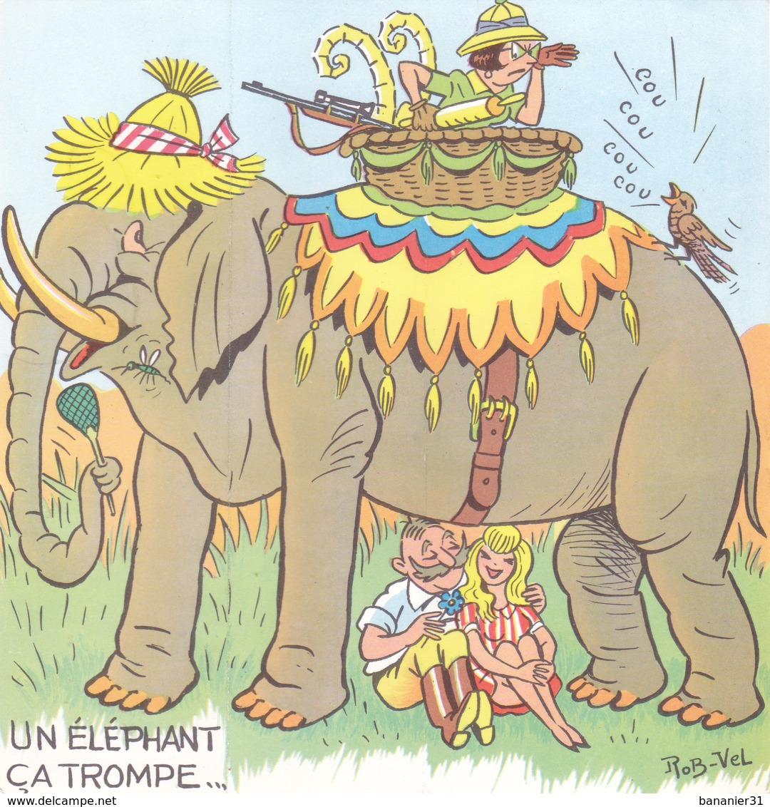 CPA à Système Pliable 18,5 Cm X 9 Cm Humour Illustrateur ROB VEL ROBERT PIERRE VELTER Un éléphant ça Trompe énormément ! - Robert