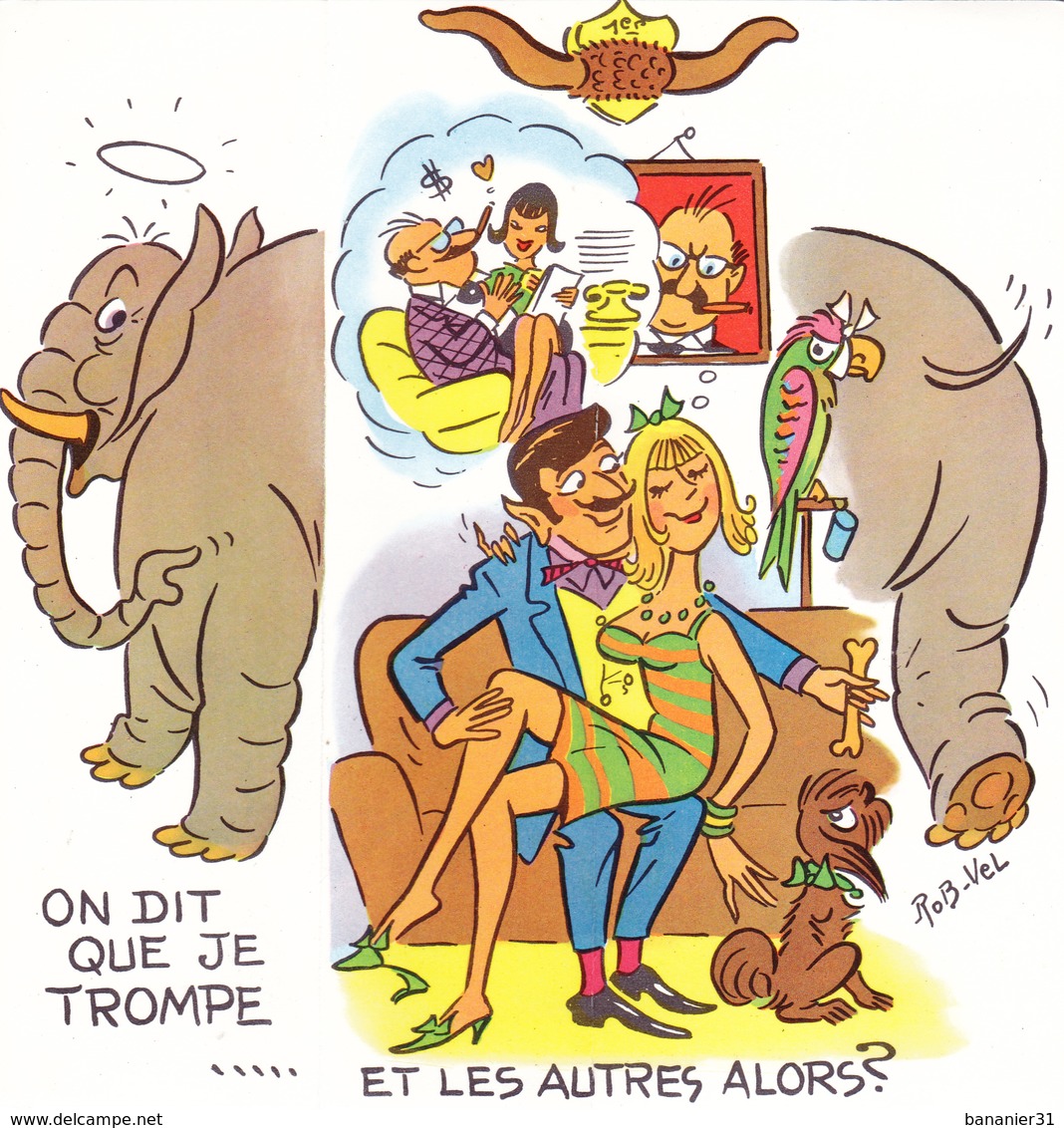 CPA à Système Pliable 18,5 Cm X 9 Cm Humour Illustrateur ROB VEL ROBERT PIERRE VELTER Un éléphant Qui Trompe, Infidèle - Robert