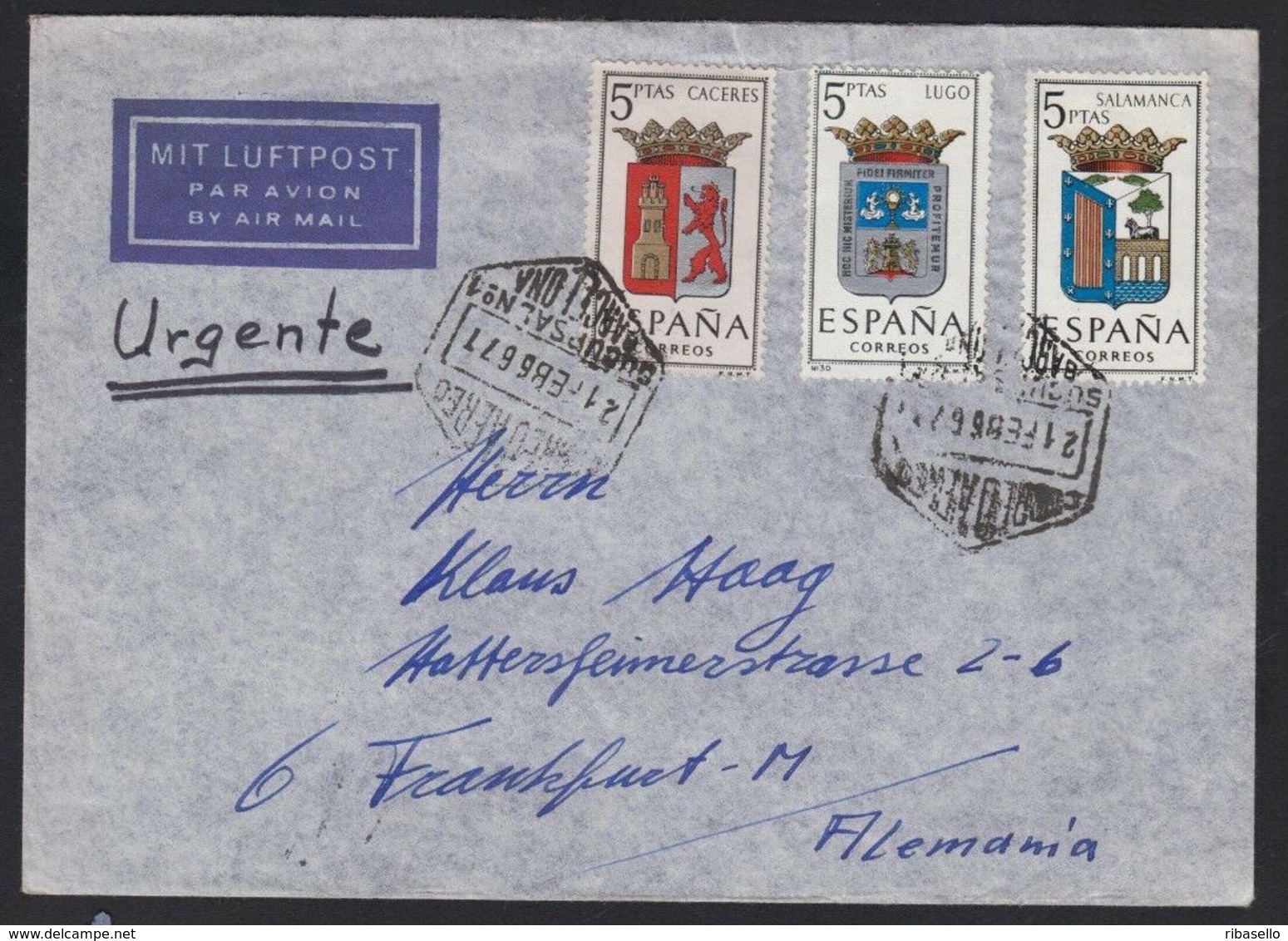 España 1967. Correo Aereo De Barcelona A Franckfurt. Escudos. - Cartas & Documentos