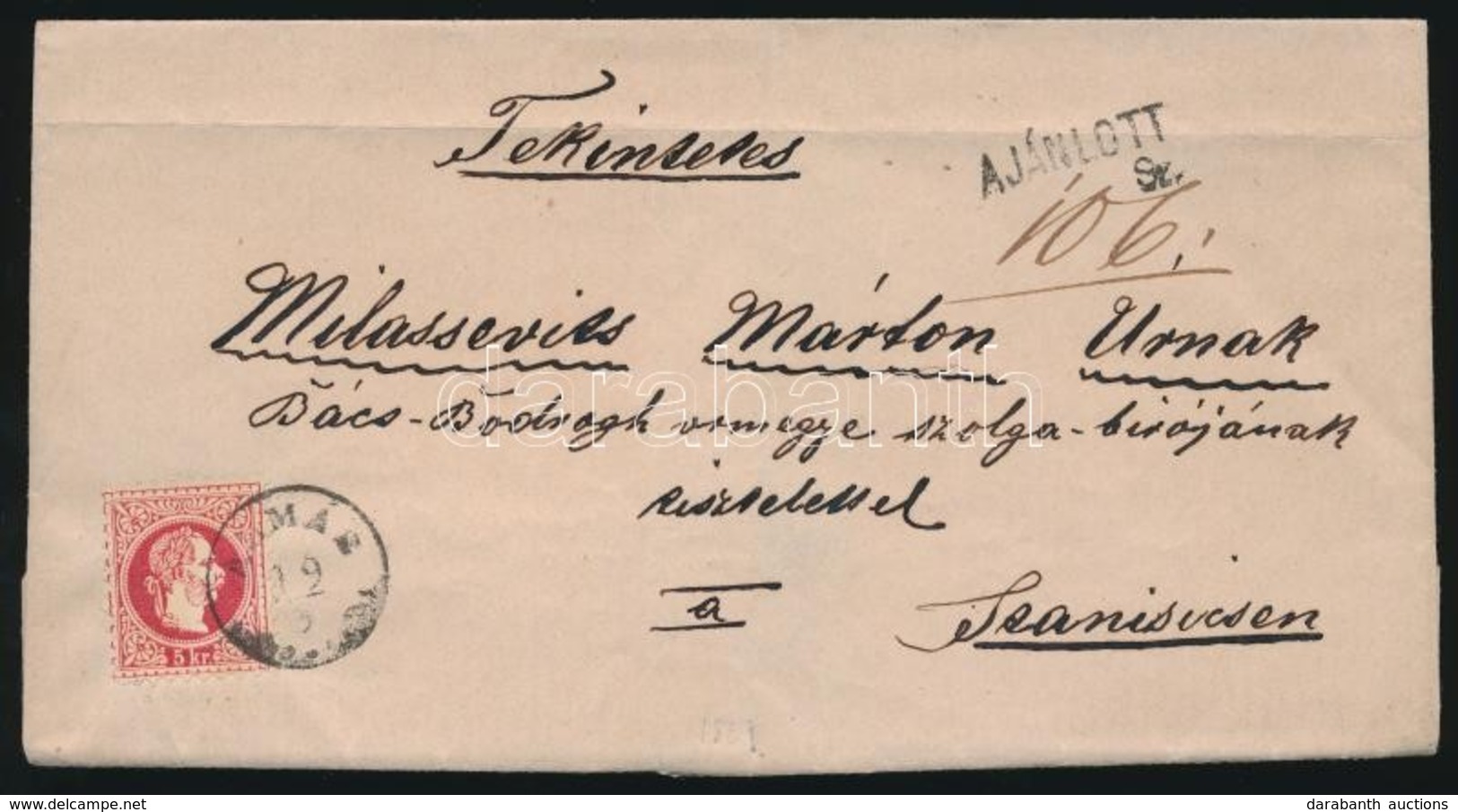 1869 5kr + ( A Hátoldalon) Bontásnál Eltépett 10kr Ajánlott Levélen / 5kr  + 10kr (on The Backside, Teared) On Registere - Andere & Zonder Classificatie