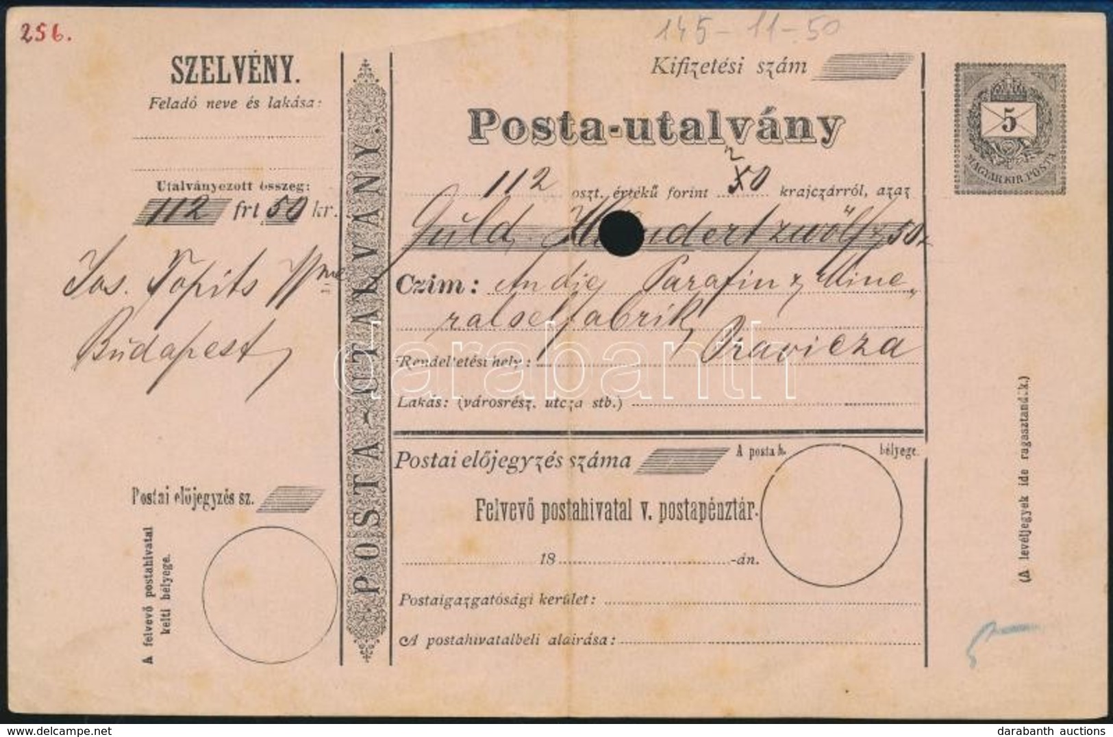1875 5kr Díjjegyes Postautalvány 112,5 Forintról, Nem Került Feladásra - Andere & Zonder Classificatie