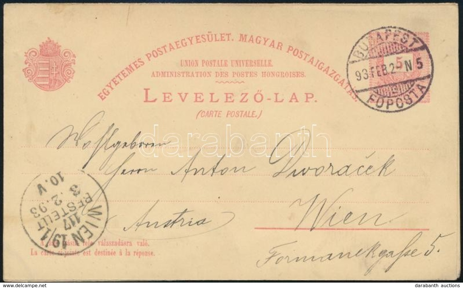 1893 5kr  Díjjegyes Levelezőlap Bécsbe Használatlan Válaszlappal - Andere & Zonder Classificatie