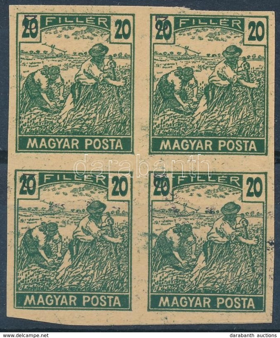 (*) 1919 Magyar Posta Arató 20f Vágott Négyestömb Próbanyomat, Vastagabb, Vízjel és Enyvezés Nélküli Sárga Papíron, Mely - Andere & Zonder Classificatie