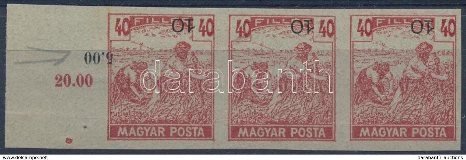 (*) 1919 Magyar Posta Arató 40f Vágott ívszéli Hármascsík Próbanyomat, Eltolódott értékszámmal, Vastagabb, Vízjel és Eny - Andere & Zonder Classificatie