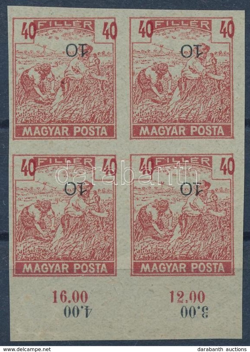 (*) 1919 Magyar Posta Arató 40f Vágott ívszéli Négyestömb Próbanyomat, Eltolódott értékszámmal, Vastagabb, Vízjel és Eny - Andere & Zonder Classificatie