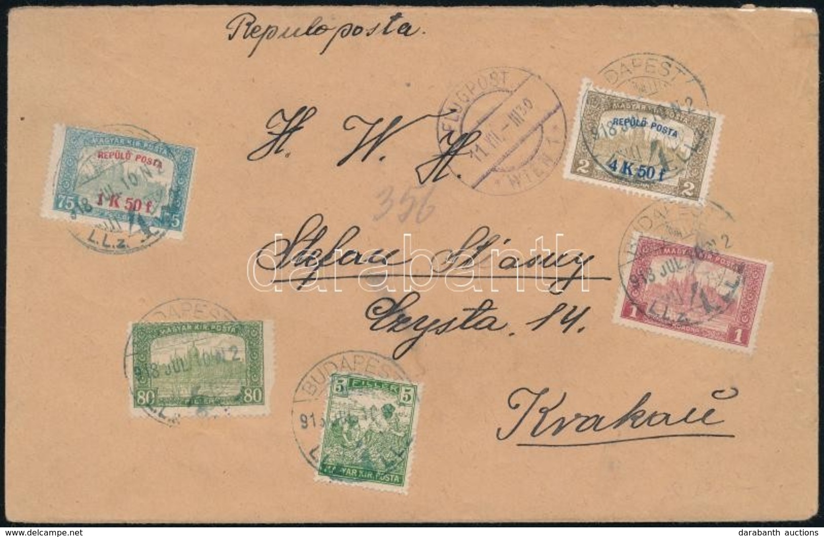 1918.07.10. Repülő Posta Sor + Kiegészítő Bérmentesítés Légi Levélen Krakkóba / Mi 210-211 + Additional Franking On Airm - Otros & Sin Clasificación