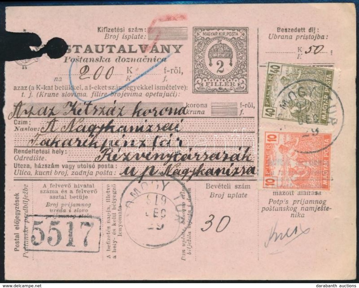 1919 Postautalvány Magyar Posta Bérmentesítéssel - Andere & Zonder Classificatie