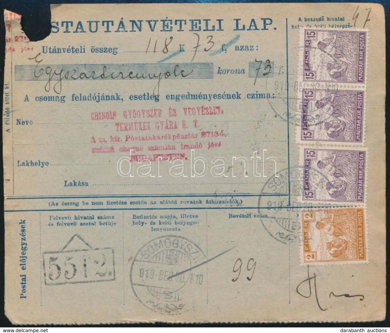 1919 Posta Utánvételi Lap 47f Bérmentesítéssel 'SOMOGYSZIL' - Andere & Zonder Classificatie