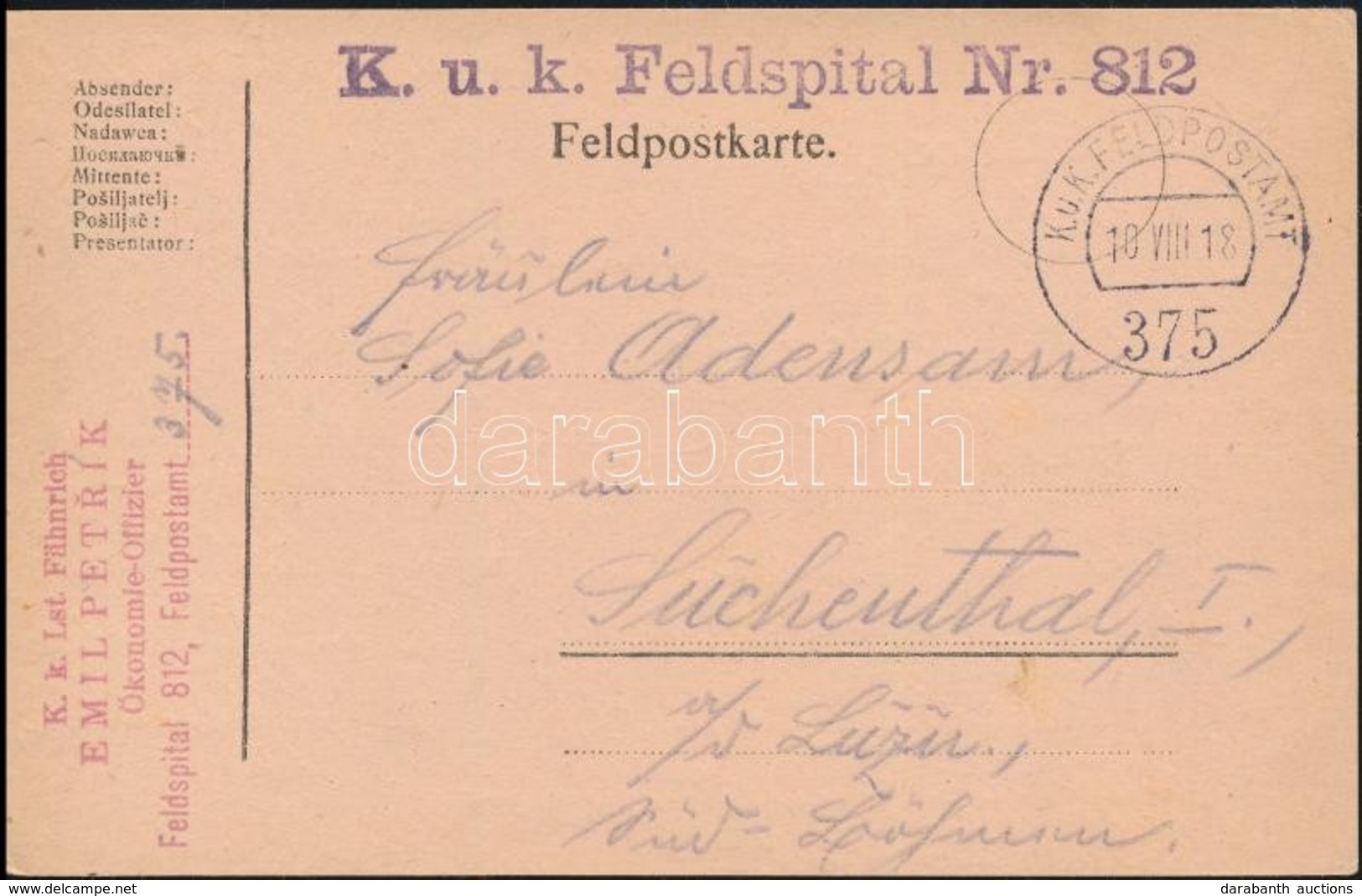 1918 Tábori Posta Levelezőlap / Field Postcard 'K.u.k. Feldspital Nr.812' + 'FP 375' - Andere & Zonder Classificatie