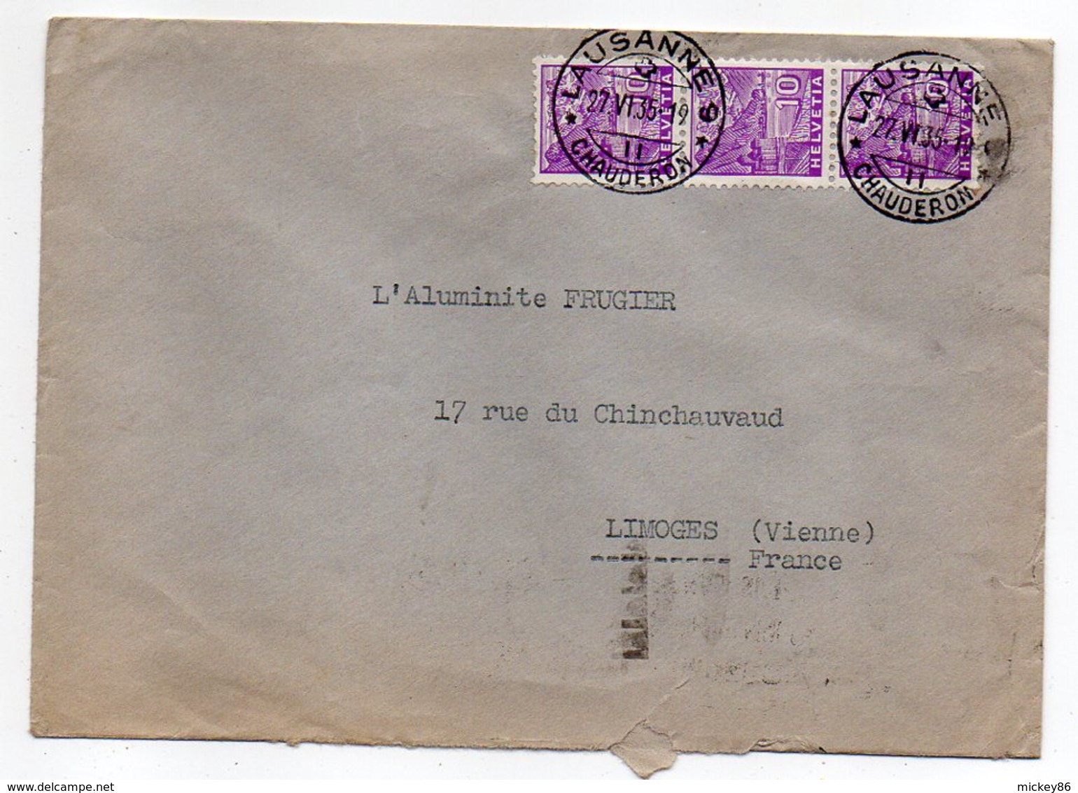 Suisse-1935--Lettre De LAUSANNE  Pour LIMOGES (France)--bande Vertical De 3 Timbres Sur Lettre--cachet LAUSANNE 9 - Covers & Documents