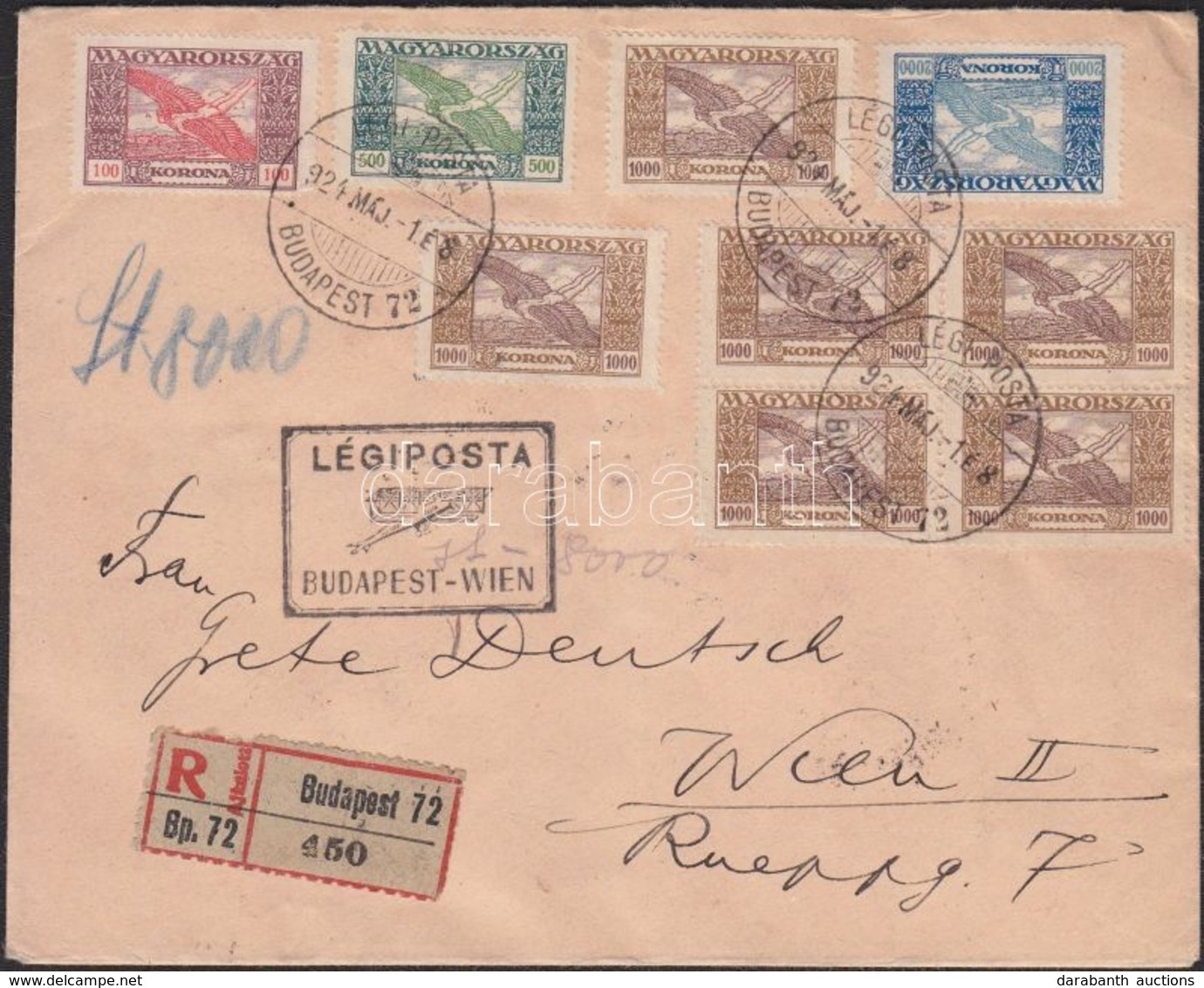 1924 (13. Díjszabás) Ajánlott Légi Levél Bécsbe Ikarusz Bérmentesítéssel / Registered Airmail Cover To Vienna - Andere & Zonder Classificatie