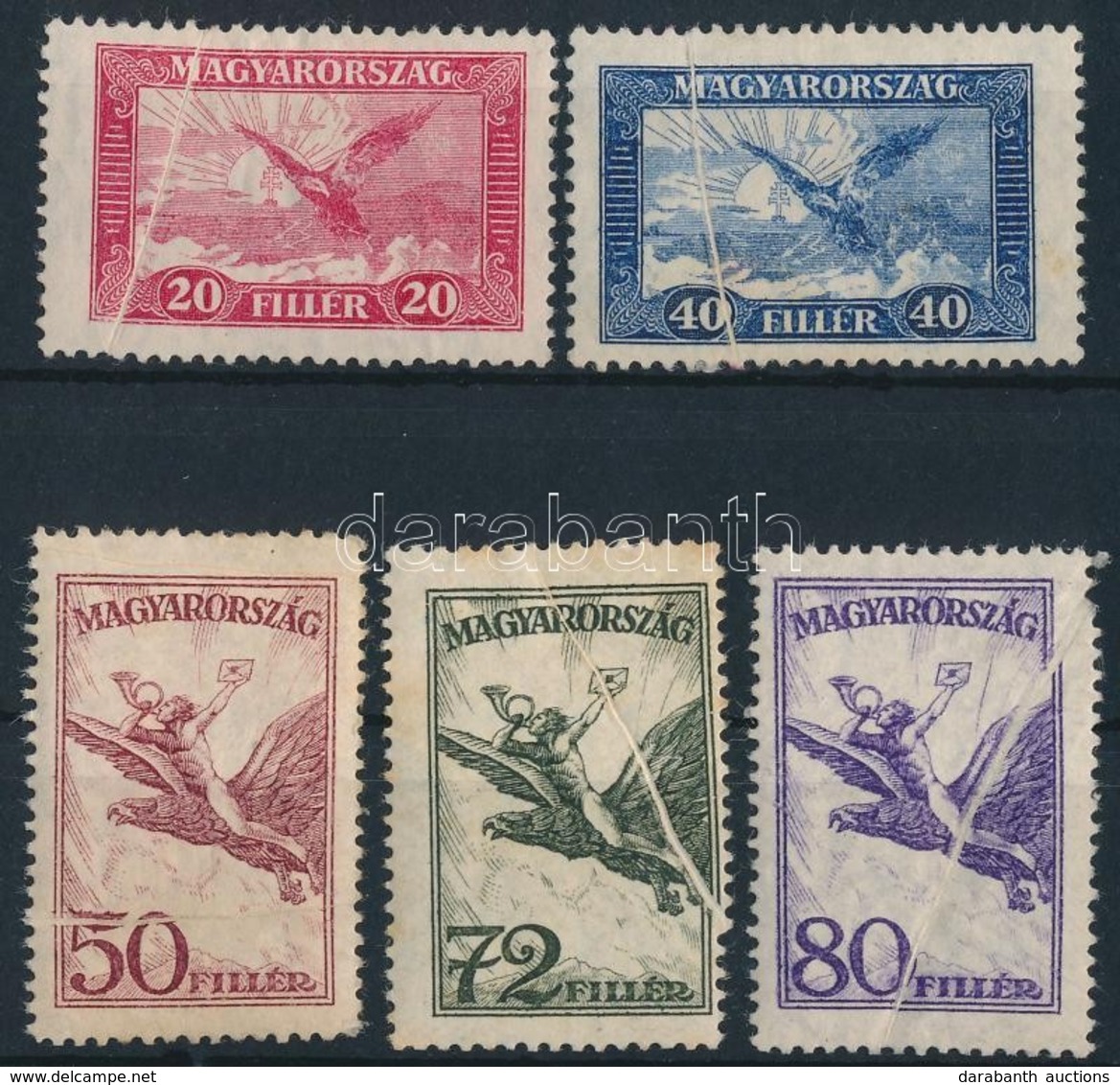 * 1927 Repülő 5 Klf érték Papírránccal / 5 Airmail Values With Paper Crease - Otros & Sin Clasificación