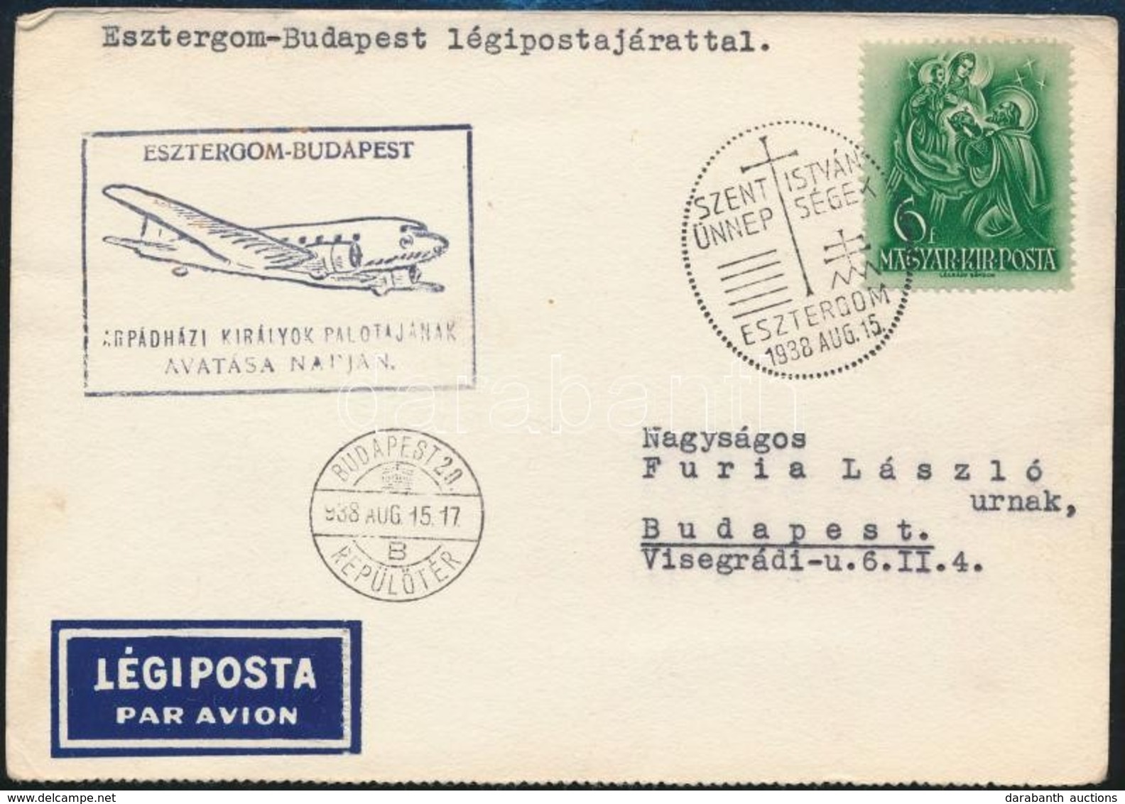 1938 Légiposta Küldemény Esztergom-Budapest - Andere & Zonder Classificatie