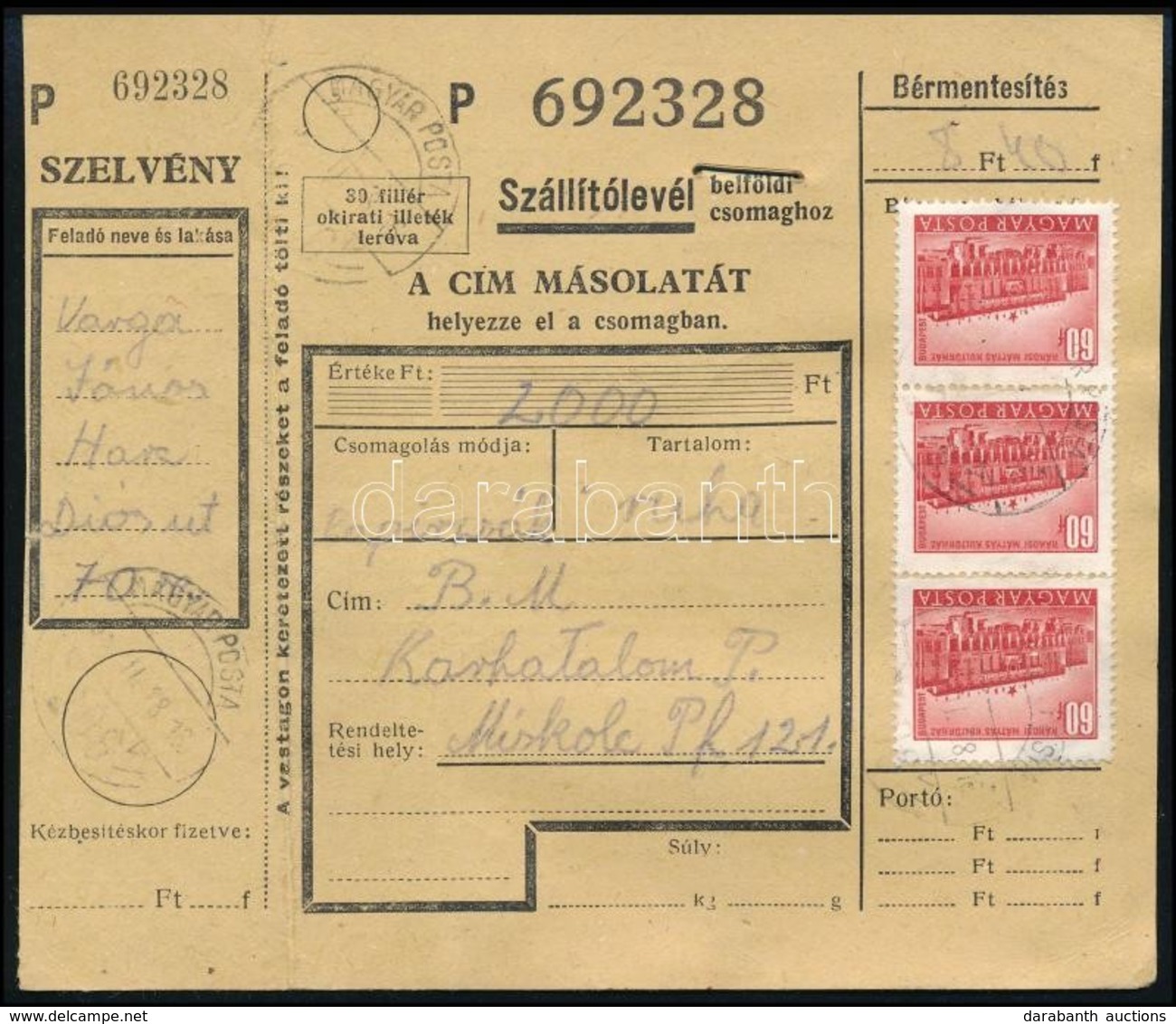 1953 Csomagszállító 14 X 60f Bérmentesítéssel / Parcel Card Franked With 14 X Mi 1189 - Andere & Zonder Classificatie