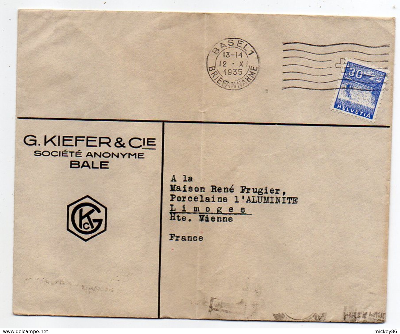 Suisse-1935--Lettre De BALE  Pour LIMOGES-87 (France)-timbre Seul Sur Lettre-cachet BASEL 1--G.KIEFFER & Cie - Storia Postale