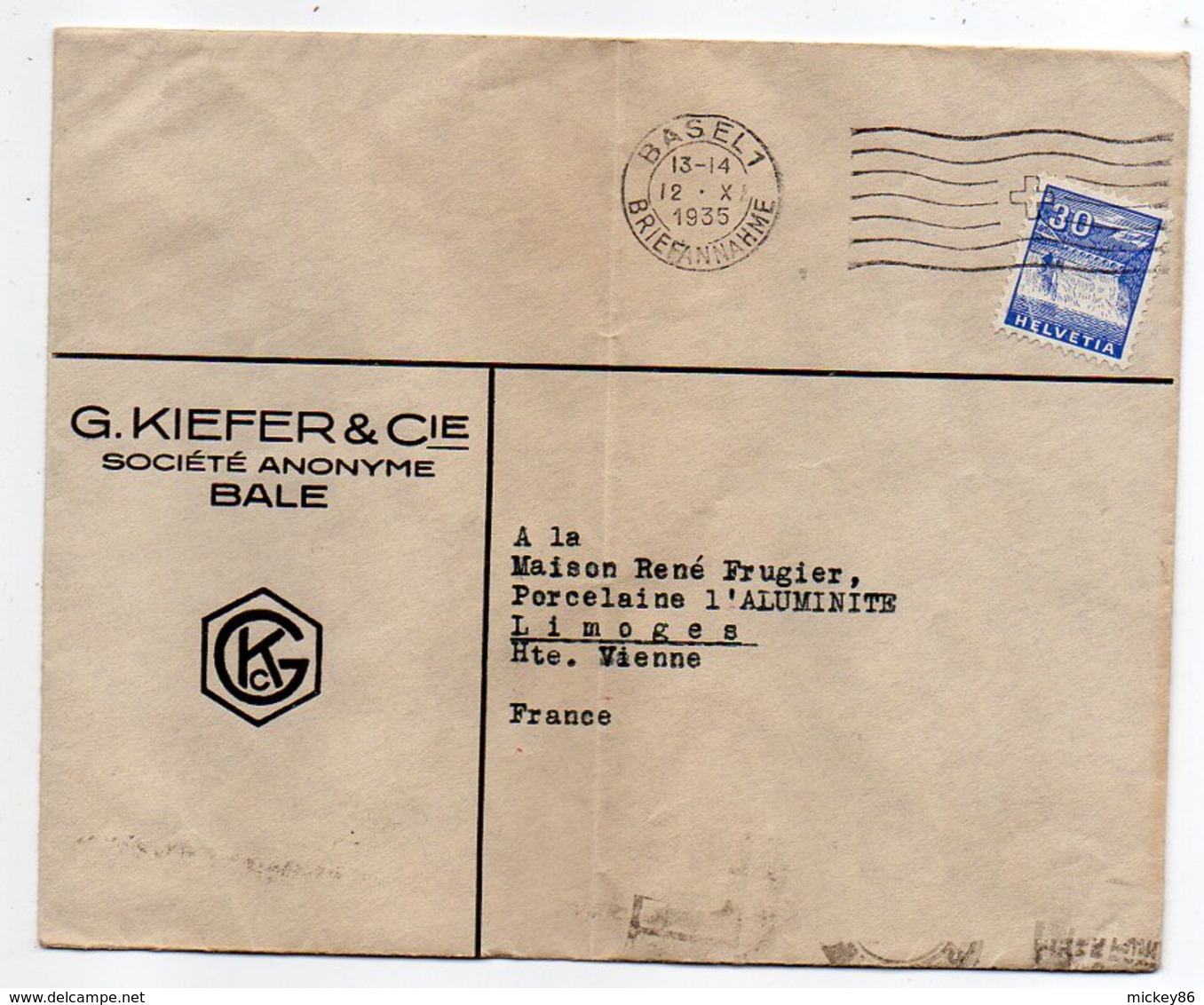 Suisse-1935--Lettre De BALE  Pour LIMOGES-87 (France)-timbre Seul Sur Lettre-cachet BASEL 1--G.KIEFFER & Cie - Covers & Documents