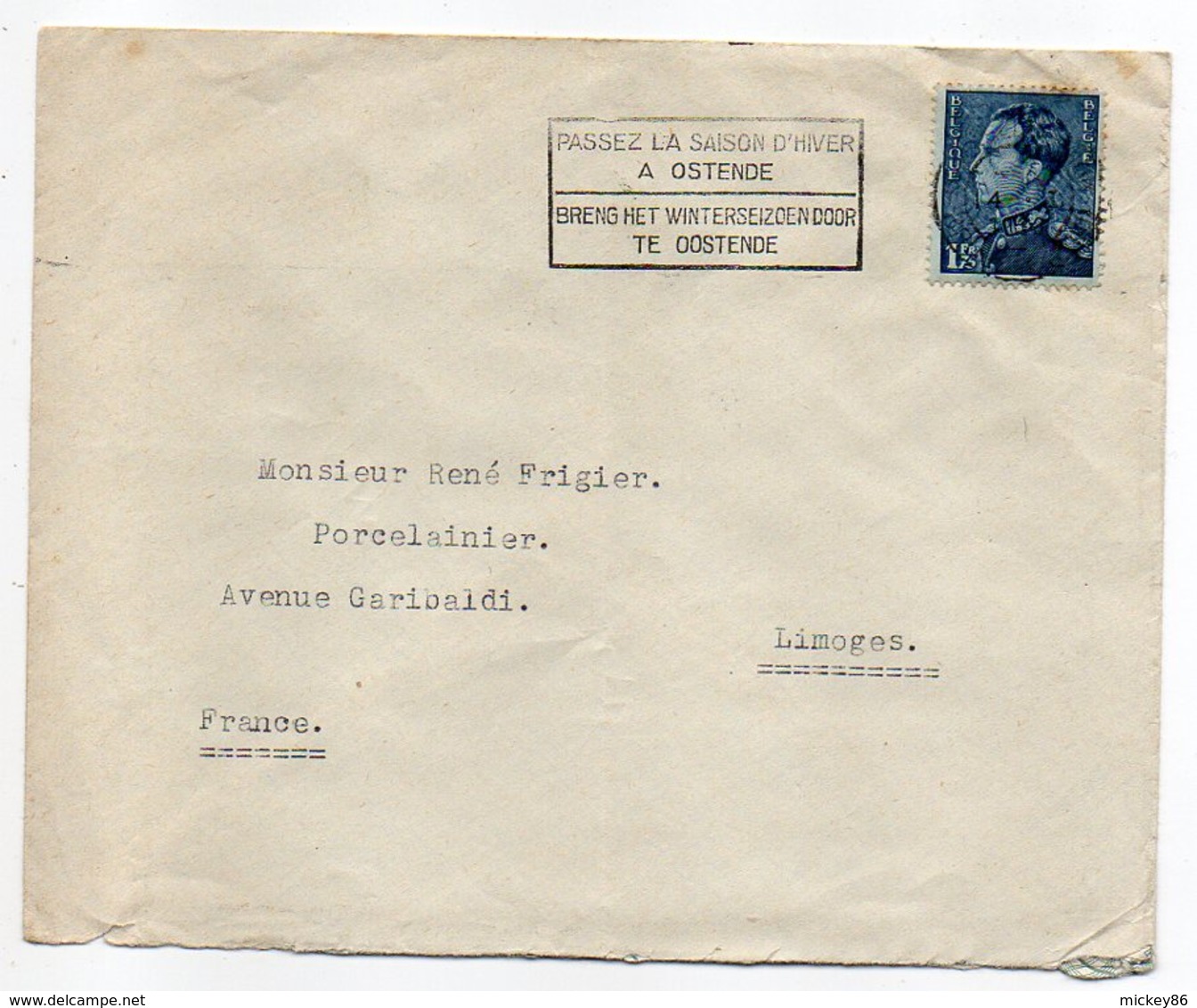 Belgique---Lettre De OSTENDE Pour LIMOGES-87 (France)-tp Seul Sur Lettre-cachet"Passez La Saison D'hiver à Ostende"-Iran - Lettres & Documents