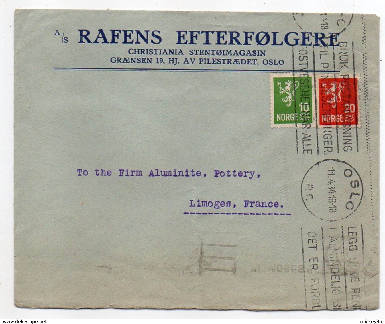 Norvège -1934 - Lettre De OSLO Pour LIMOGES(France)-timbres-cachet--a/s RAFENS EFTERFOLGERE - Lettres & Documents