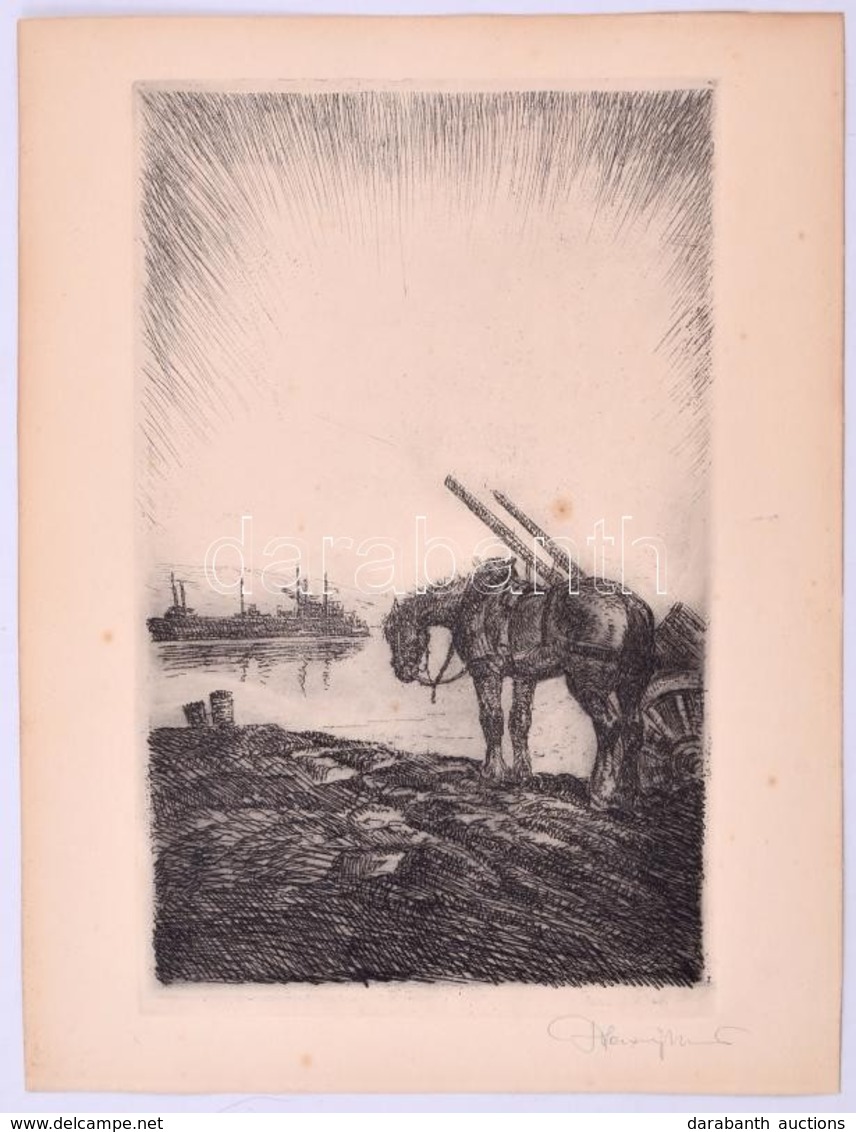 Haranghy Jenő (1894-1951) Fáradt Ló és A Teherhajó. Rézkarc, Papír, Jelzett, 26×16 Cm - Andere & Zonder Classificatie