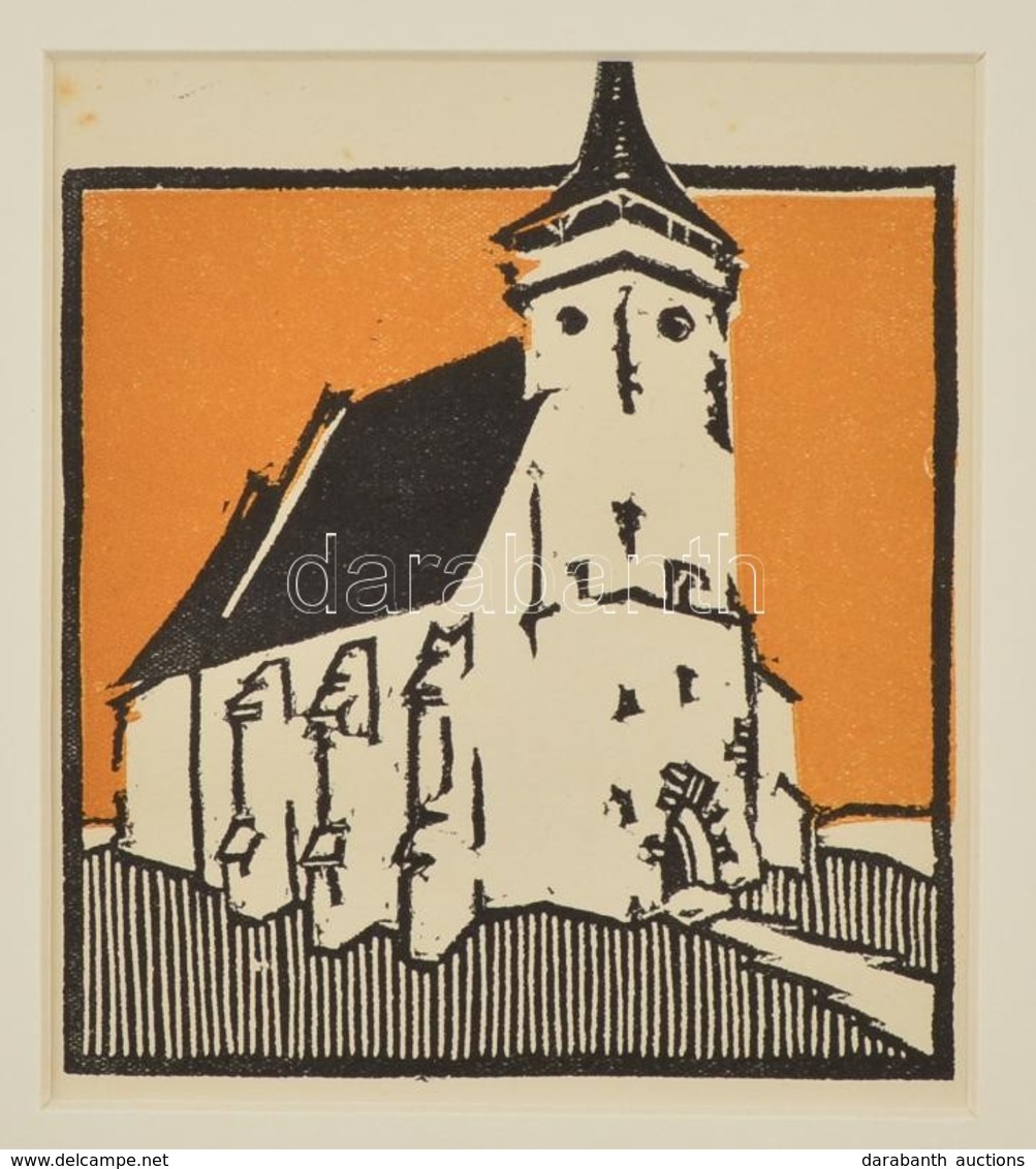 Kós Károly (1883-1977): Templom, Színes Linómetszet, Papír, Jelzés Nélkül, Paszpartuban, 10×10 Cm - Andere & Zonder Classificatie