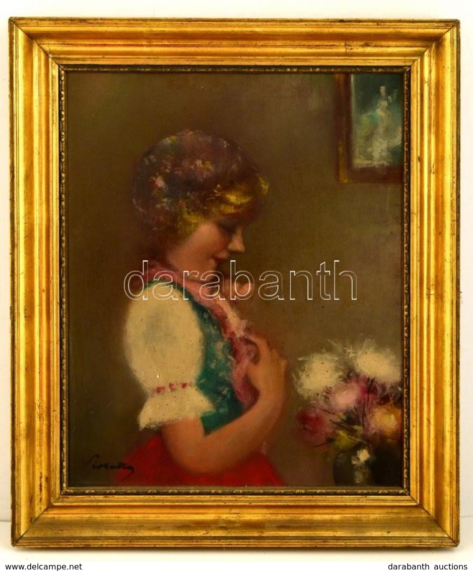 Pirhalla Nándor (1884-?): Kislány A Virágcsokornál. Olaj, Vászon, Jelzett, Keretben, 50×40 Cm - Andere & Zonder Classificatie
