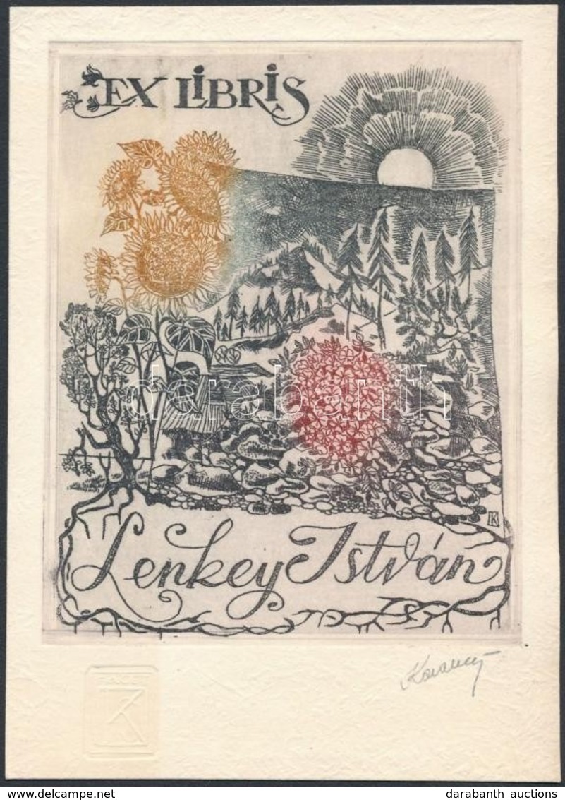 Karancsi Sándor(1932-2003): Ex Libris Lenkey István. Színes Rézkarc, Papír, Jelzett, 10x8 Cm - Andere & Zonder Classificatie