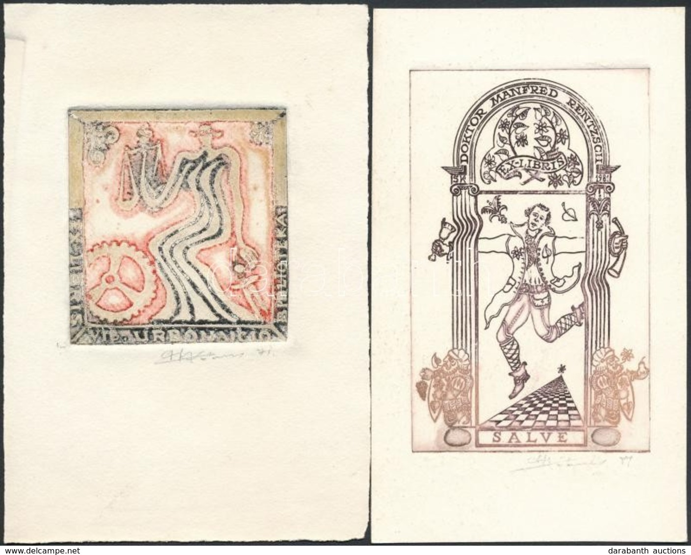 Katauskas, Savinijus (1936- ): 2 Db Ex Libris, Egyedi Mélynyomás, Papír, Jelzett, 11,5×7 Ill. 7×6,5 Cm / - Andere & Zonder Classificatie