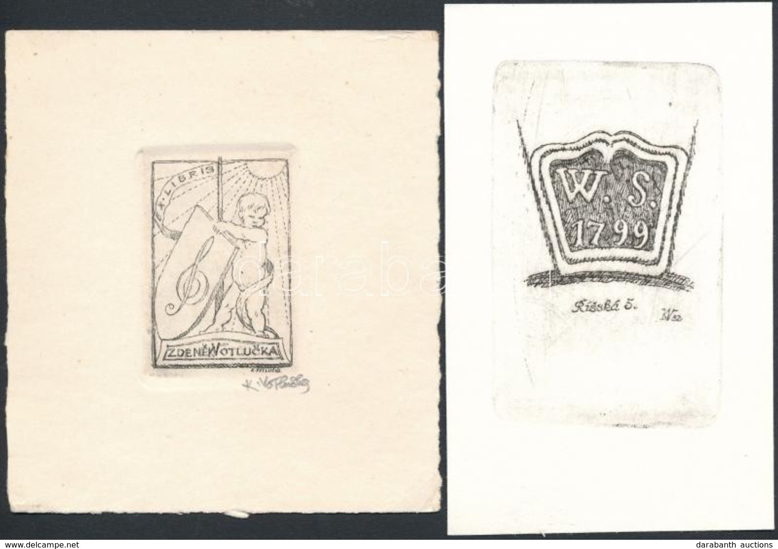 Karel Votlučka (1896-1963): 2 Ex Libris Rézkarc, Papír, Jelzett , 5,5×4-9×6 Cm - Andere & Zonder Classificatie