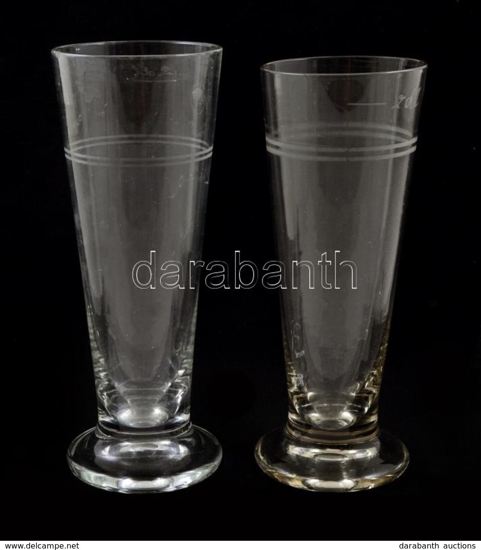 Régi 2 Dl-es Sörös Poharak, Kopásnyomokkal 2 Db, Csorba Nélkül, M: 16,5 Cm (2×) - Glas & Kristal