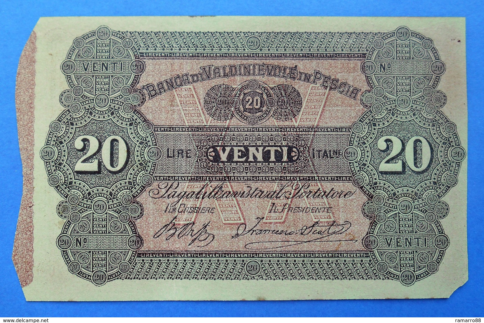 Italia Raro 20 Lire Banca Di Valdinievole In Pescia Fiduciario 1870 R5 PS961r QBB - Altri & Non Classificati