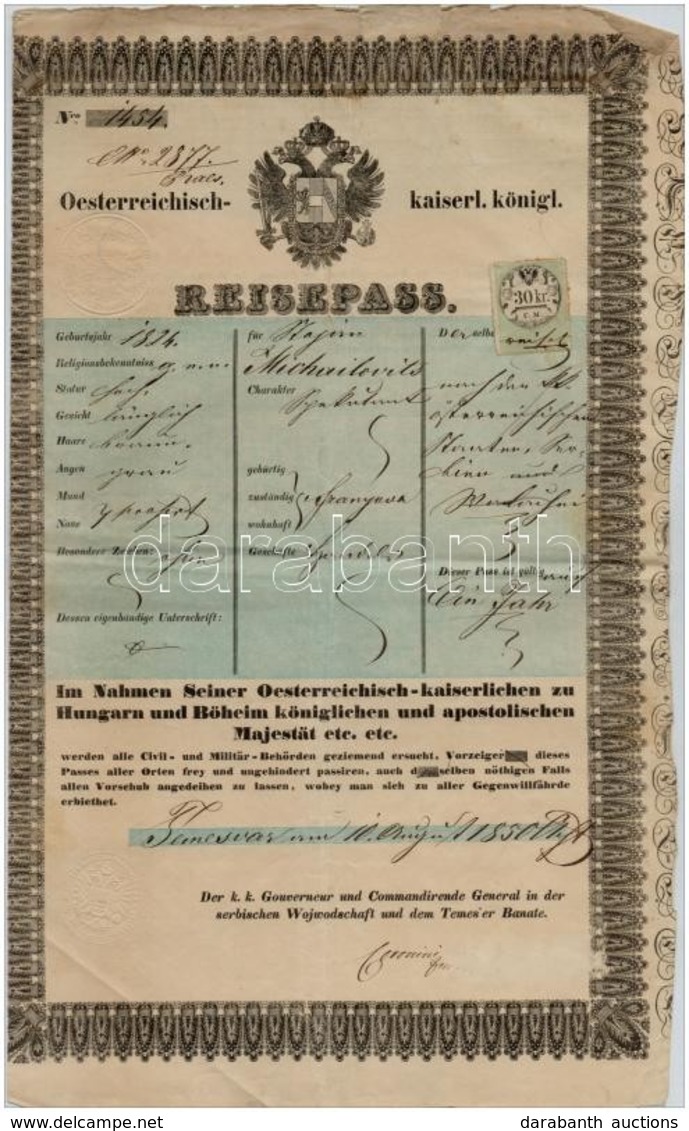 1850 Temesvár, Österreichisch- Kaiserl. Königl. Reisepass / útlevél 30 Kr C.M. Okmánybélyeggel / Passport - Zonder Classificatie