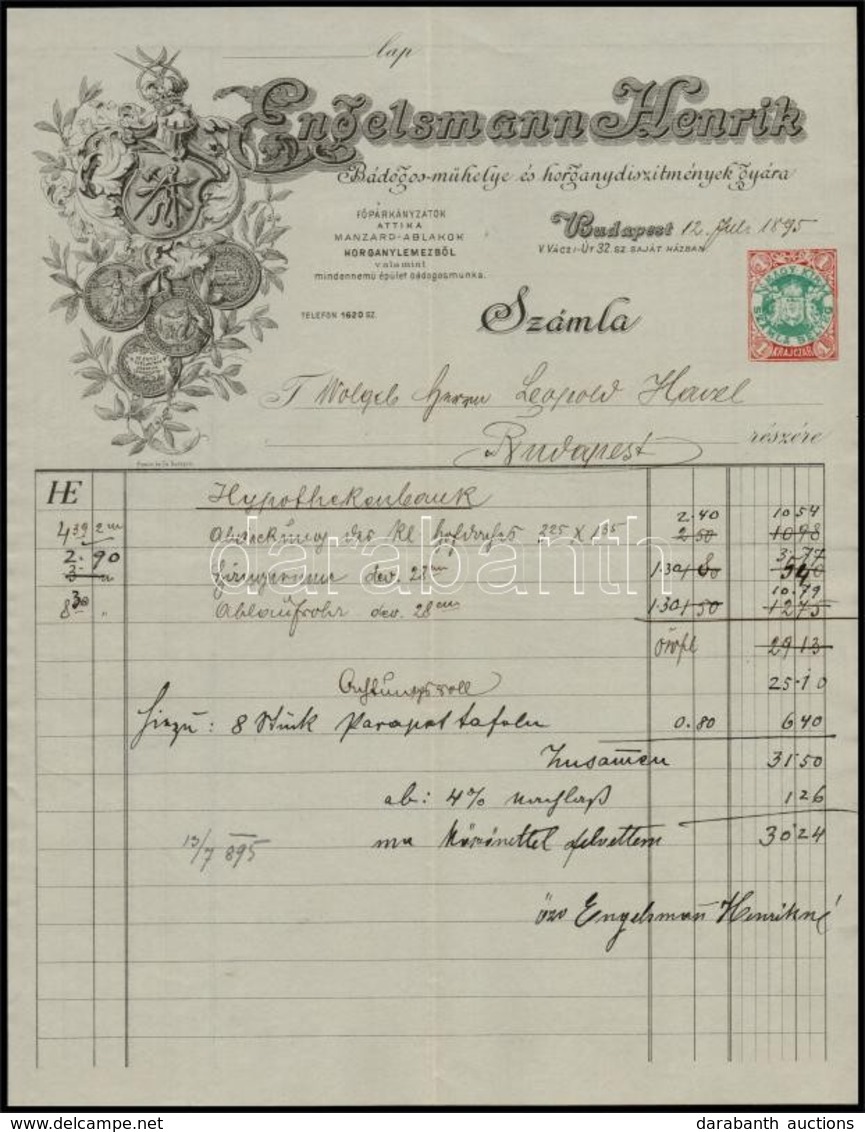 1895 Bp., Engelsmann Henrik Bádogosműhelyének Díszes Fejléces Számlája Okmánybélyeggel - Zonder Classificatie