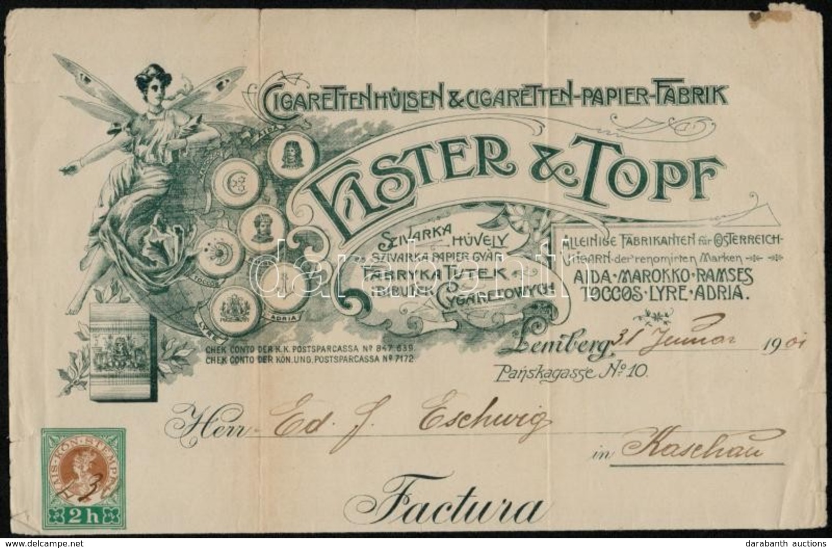 1901 Elster & Topf Szivarkahüvely és -papírgyár Díszes Fejléces Számlája Okmánybélyeggel - Zonder Classificatie