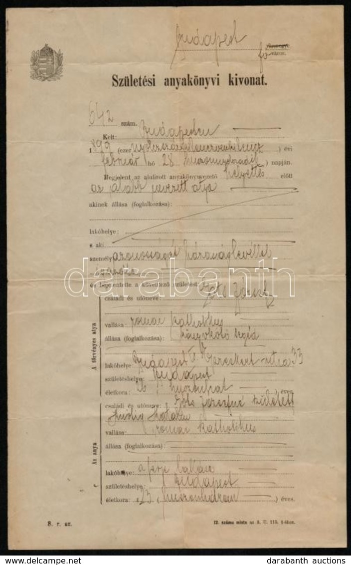 1923 Budapest, Születési Anyakönyvi Kivonat Okmánybélyegekkel - Zonder Classificatie